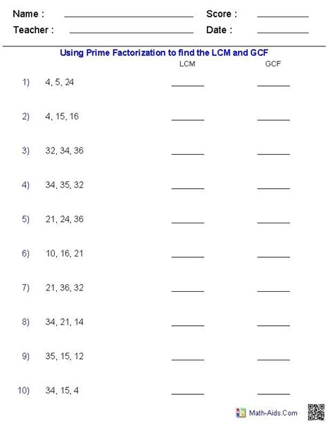 gcf and lcm worksheets grade 7